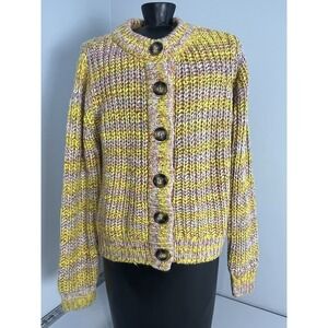Universal Thread Womens Button Cardigan Long Sleeve Yellow Striped Preppy Size L